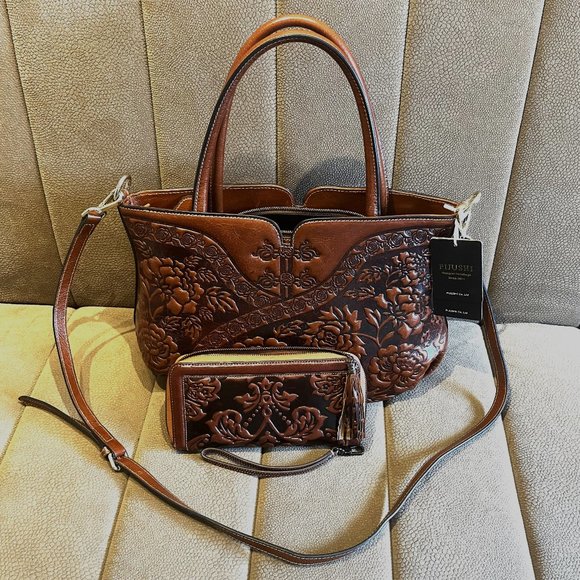COPY - PIJUSHI leather Satchel Handbag & Wristlet Wallet - Picture 1 of 5